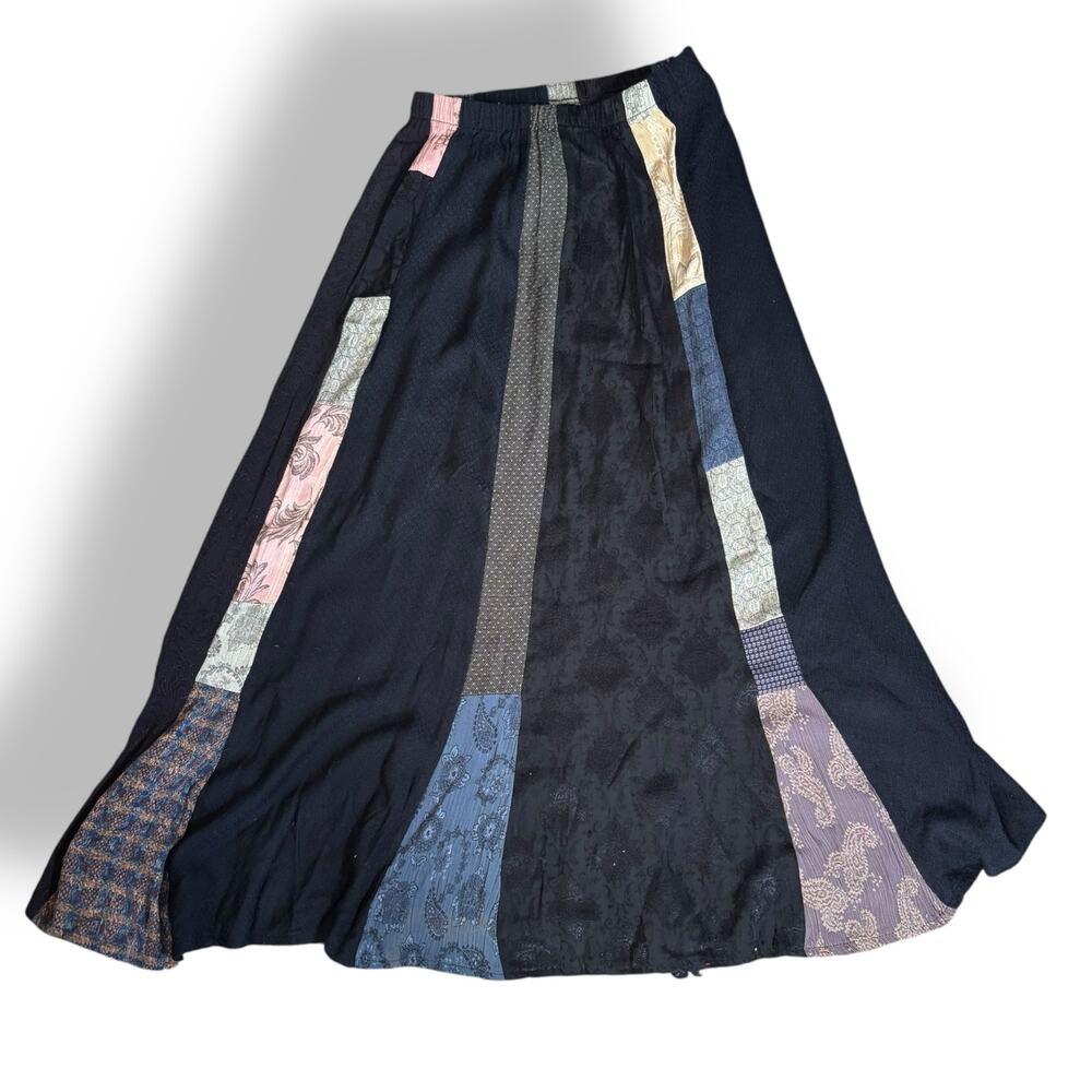 Vintage 90s Patchwork Maxi Skirt Boho Artsy Panel Flowy A Line Mixed Fabric - Picture 3 of 11